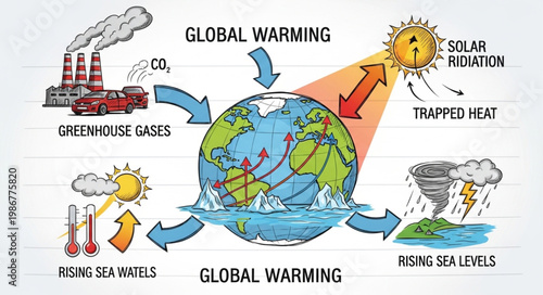 Global Warming Diagram Illustrating Greenhouse Gases and Rising Sea Levels.