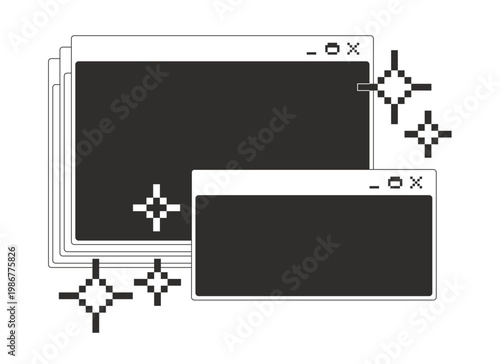 Twinkle shining stacked blank monochrome pixel pop-up windows. Empty dialog boxes with spark accents. Overlapping layers. Pixelated blocky interface design. Retro 16bit UI overlay. Solid web popup