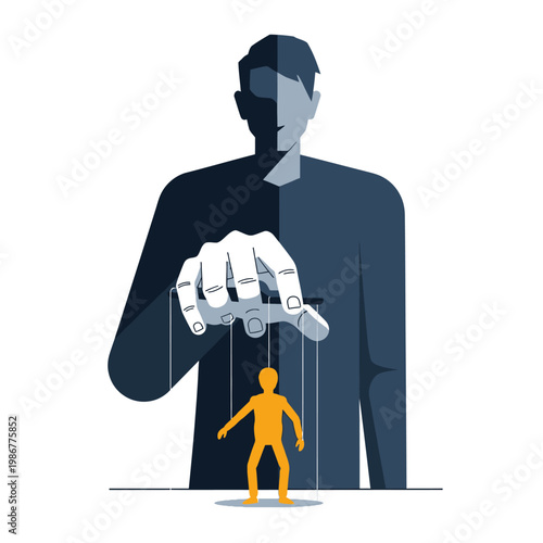 Giant puppet master's hand controls tiny orange figure with strings, concept of manipulation and control