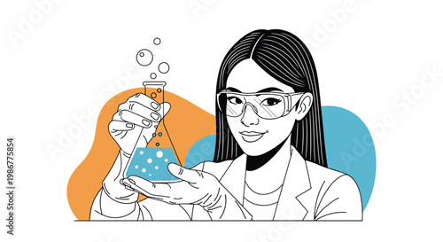 Professional female scientist in a lab coat and safety goggles holding a chemical flask with bubbling blue liquid.
