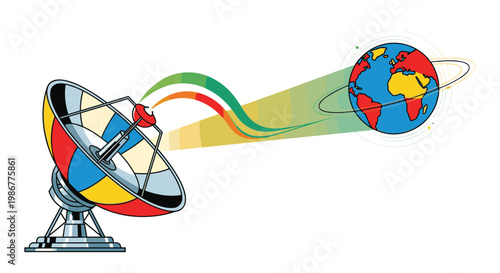 Large satellite dish antenna beams a multi-colored signal wave towards a stylized Earth globe floating in a bright white environment with crisp line work.