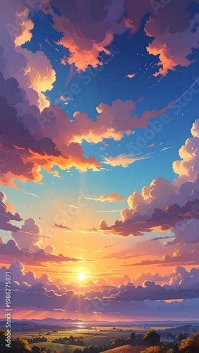 A serene landscape with a sunset and vibrant clouds
