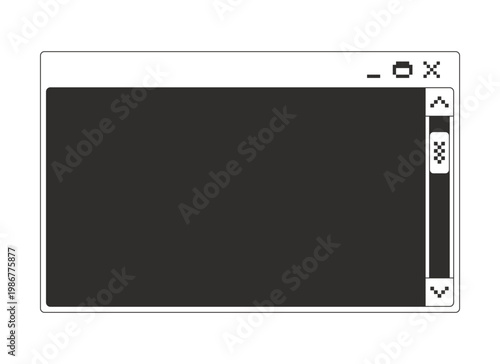 Clean dialog box with vertical scroll bar monochrome pixel pop-up window. Content navigation. Scrollbar control. Page view. Pixelated blocky interface design. Retro 16bit UI overlay. Solid web popup