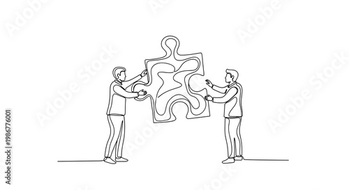 Two professional figures collaborate by carefully fitting a large puzzle piece together in a minimalist white space with clean continuous line art style.
