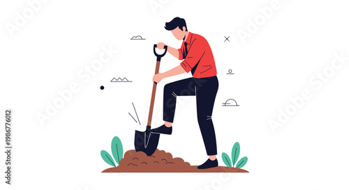 Strong man in a red shirt and black pants digging into the brown soil with a large shovel on a white background during gardening.