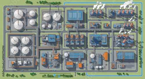 Aerial View of Industrial Plant Layout with Tanks and Structures.