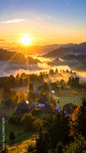 A serene landscape with a sunrise over a valley with houses