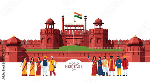 A celebratory World Heritage Day vector illustration showcases diverse Indian figures standing before the Red Fort, a UNESCO site, under the Indian flag, all rendered in vibrant colors
