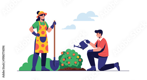 Young man and woman working together in a garden planting flowers and watering plants with a blue watering can.