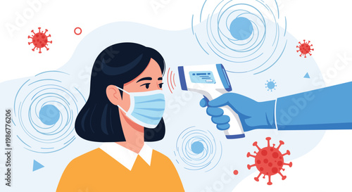 Healthcare professional checking the temperature of a woman wearing a face mask during a global virus outbreak with a thermometer.
