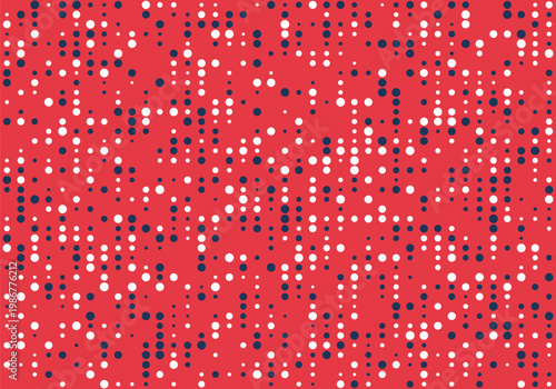 Abstract pattern of scattered white and navy blue dots on a red background