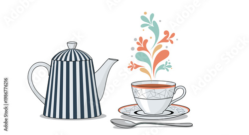 Elegant striped teapot and a matching cup of steaming hot tea with artistic colorful splashes on a white background.