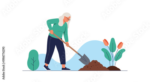 Active elderly woman with white hair and glasses digging in her garden with a shovel next to tall orange flowers.