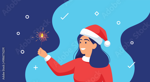 Joyful young woman wearing a Santa hat and holding a burning sparkler during a festive winter holiday celebration.