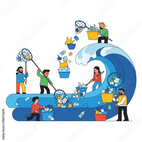 Ocean Cleanup Crew: People collecting plastic waste from waves with nets and buckets