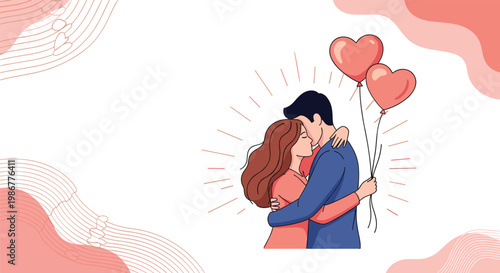 Loving young couple in a warm embrace with heart-shaped balloons in a romantic and soft pink artistic studio setting.