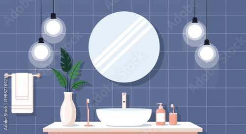 Modern bathroom interior featuring a white vessel sink, a round mirror, and stylish hanging glass light fixtures.