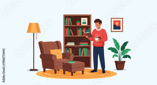 Relaxing scene of a young man reading a book and holding a cup of steaming coffee in a comfortable living room.
