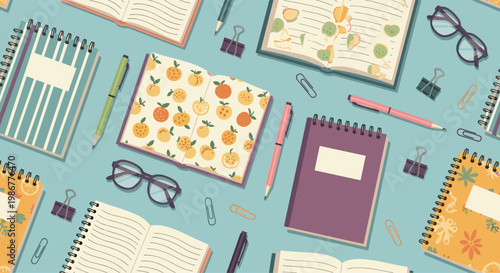 Vibrant seamless pattern of various stationery items including notebooks, pens, glasses, and paper clips on a teal background.