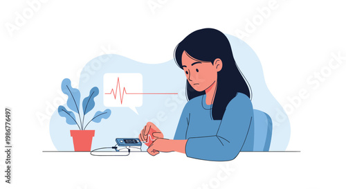 Concerned young woman using a finger pulse oximeter at home while monitoring her heart rate on a digital screen.