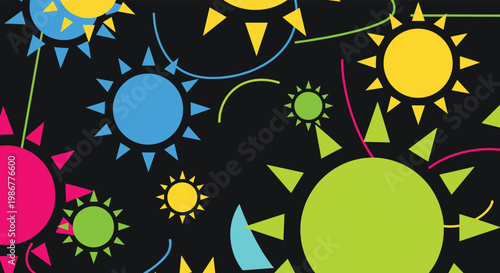 Abstract background featuring various sizes of stylized sun shapes with triangular rays in bright neon colors on a dark black background.