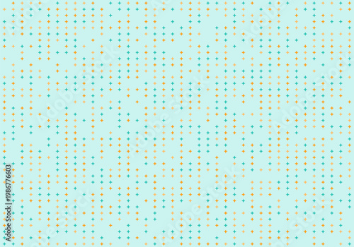 Geometric pattern of scattered small orange and turquoise star shapes on a light blue background