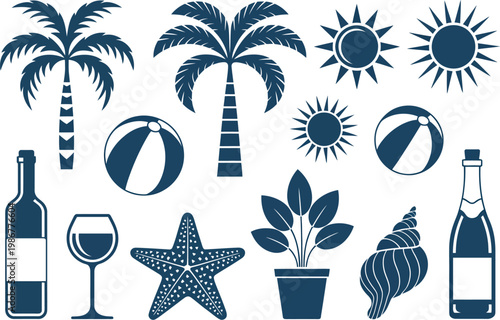 Summer beach, silhouette icon set, minimalist black vector collection featuring sun palm trees waves fruits and leisure elements for vacation travel and holiday design.