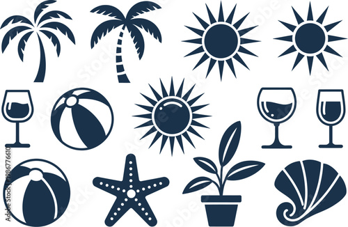 Summer beach, silhouette icon set, clean black vector icons representing sun ocean palm trees tropical fruits and relaxation elements for summer vacation and travel graphics.