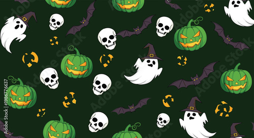 Halloween seamless pattern featuring spooky green pumpkins, white ghosts in witch hats, skulls, and black bats on a dark green background.
