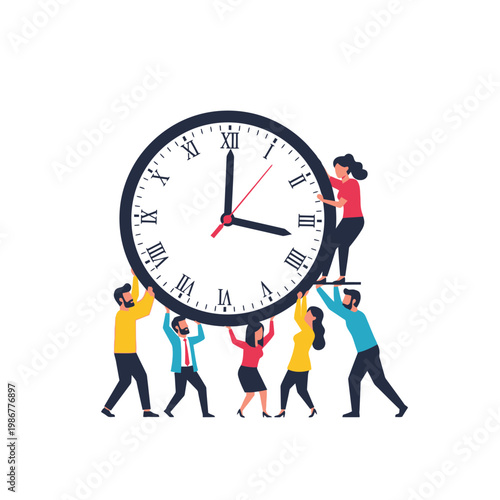 Teamwork Carrying Giant Clock, Time Management Concept, Business Collaboration