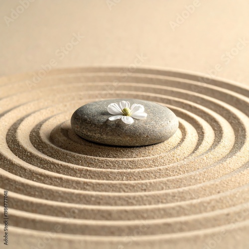 A serene sand garden with a smooth stone and a delicate flower
