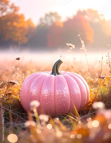 A serene pink pumpkin in a misty autumnal field at sunrise