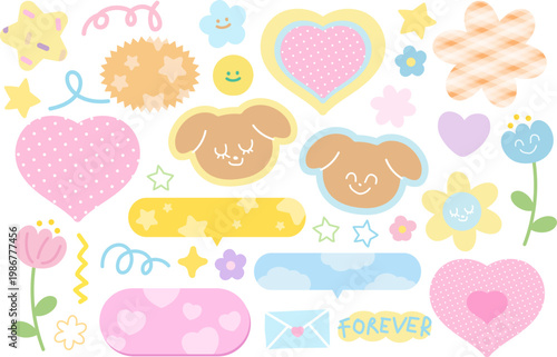 Cute pastel vector illustrations of puppy, heart, flowers, stars, love letters, doodles for pet shop, stickers, dog cartoon, characters, comic, standee, blossom, animal expression, mood, feelings