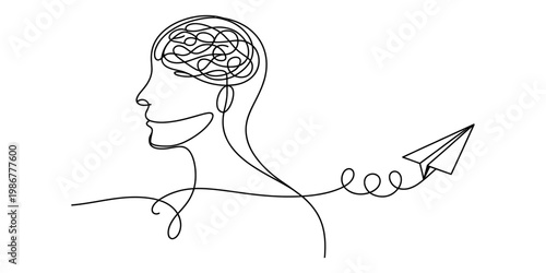 Foto A single continuous line drawing of a human profile with a brain and a flying pa