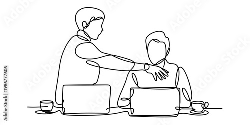 Continuous line art drawing of a professional colleague offering support to a fellow coworker Vector, illustration