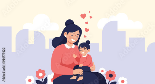 Happy Mother Smiling with Daughter Sitting on Lap for Mother's Day Vector Illustration