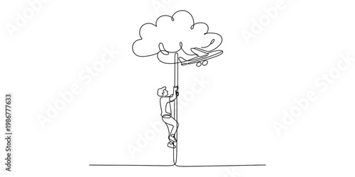 A single continuous line drawing of a person climbing a pole toward a cloud and a flying airplane Vector, illustration