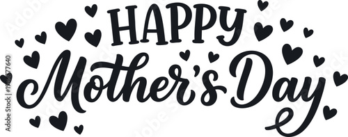 Black happy mothers day text with hearts isolated on white background