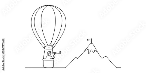 A continuous line drawing of a person in a hot air balloon looking at a mountain with a flag top Vector, illustration