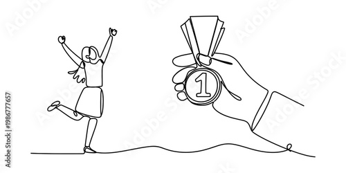 A single continuous line drawing of a happy woman being awarded a first place gold medal prize Vector, illustration