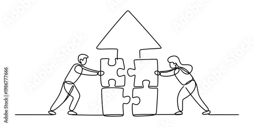 A continuous line drawing showing a man and a woman collaborating to build a puzzle arrow shape Vector, illustration