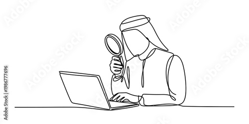 Continuous single line drawing of an arab business man using a magnifying glass on his laptop Vector, illustration