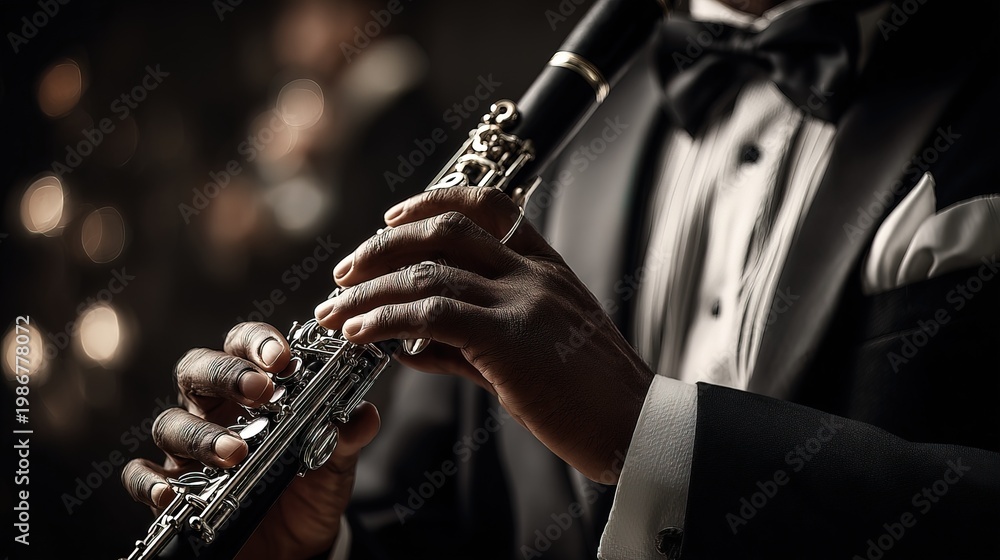 Fototapeta premium Dramatic Close up Clarinet Player Performance with Elegant Tuxedo Style