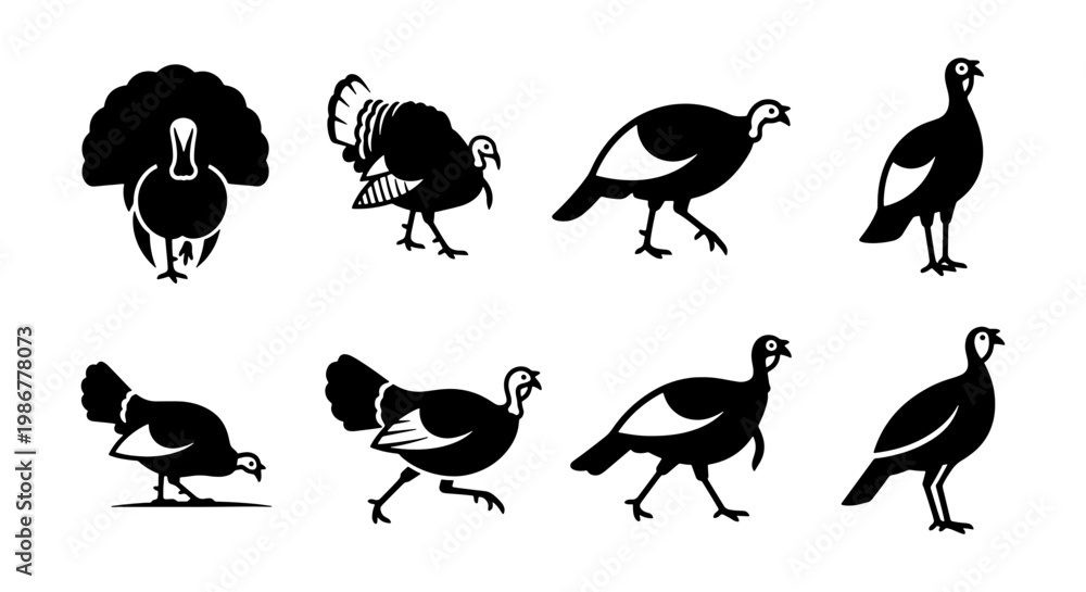 Obraz premium Wild turkey silhouette vector set, 8 black bird icons for Thanksgiving and hunting designs, rustic poultry farm animal graphics on white background