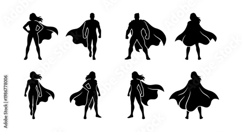 Superhero silhouette collection, set of 8 powerful male and female hero characters with capes. Brave comic book vigilante figures. Strong heroic poses.
