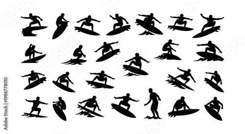 Surfing silhouettes collection, 25 surfer vector elements riding waves, black athletic figures on surfboards, extreme water sports icons for summer design