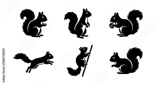 Black squirrel silhouette collection, set of 6 forest animal vector icons, minimalist wildlife rodent illustrations for nature branding and logos