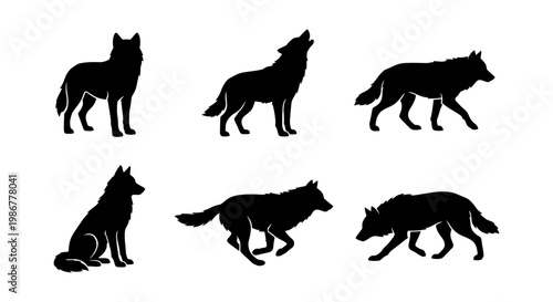 Wolf silhouette collection, 6 black wild animal vector elements, howling and running timber wolf set, predatory forest canine icons for logo design