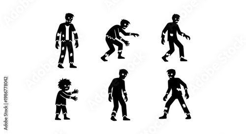 Zombie silhouette collection, 6 walking undead character icons, spooky halloween monster silhouettes, black and white horror vector set