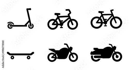 Minimalist transport icons set, black silhouette bicycle and motorcycle vector elements, urban mobility scooter and skateboard symbols for maps